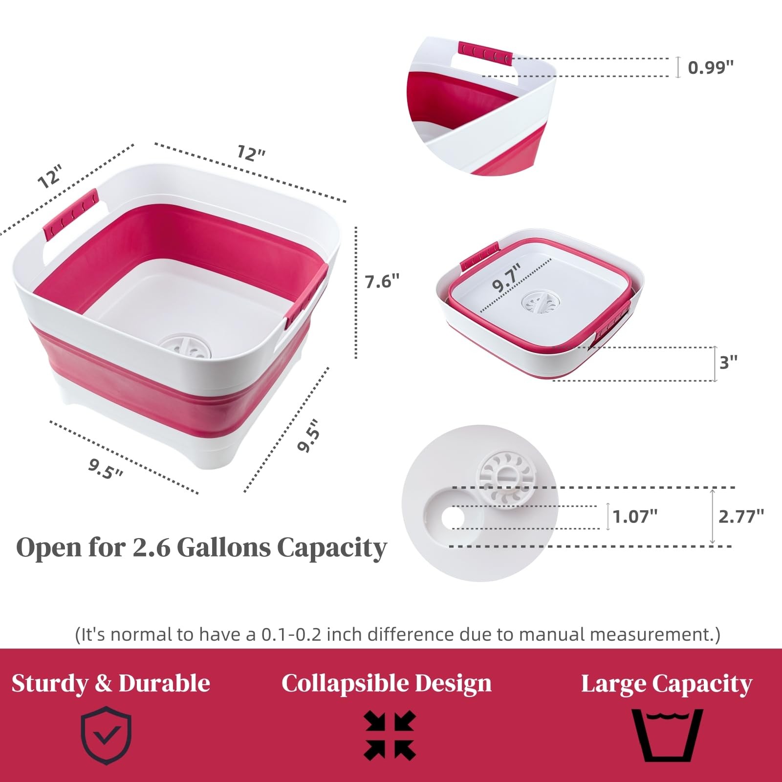 2.6 Gal Collapsible Camping Sink Magenta Dish Basin Drain Plug Bucket