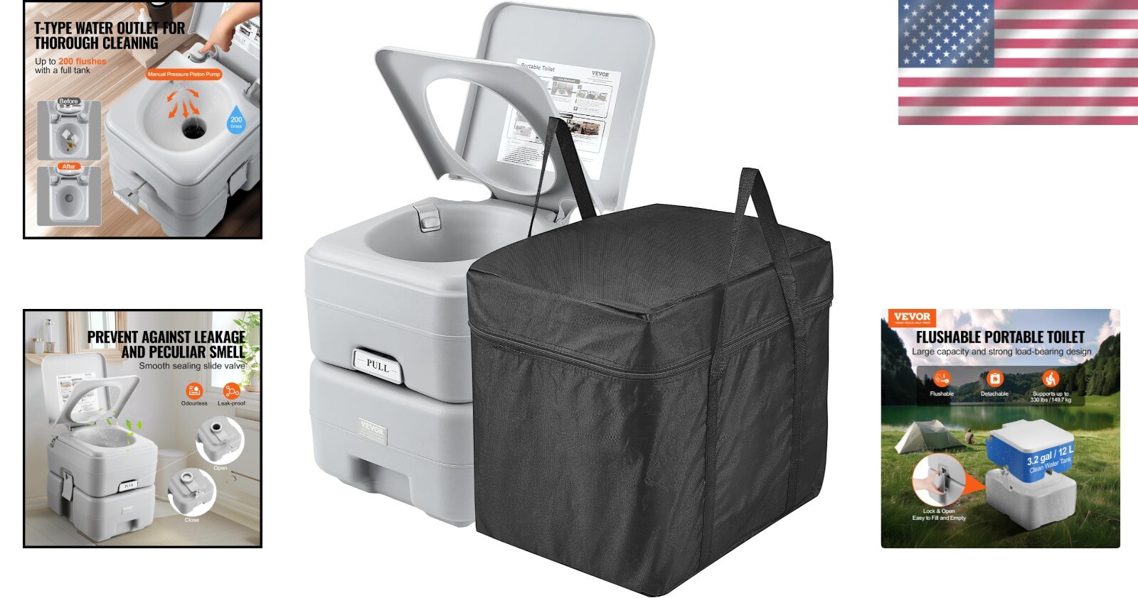 Ergonomic Portable Toilet for Camping – Pressurized Flush & Carry Bag Included