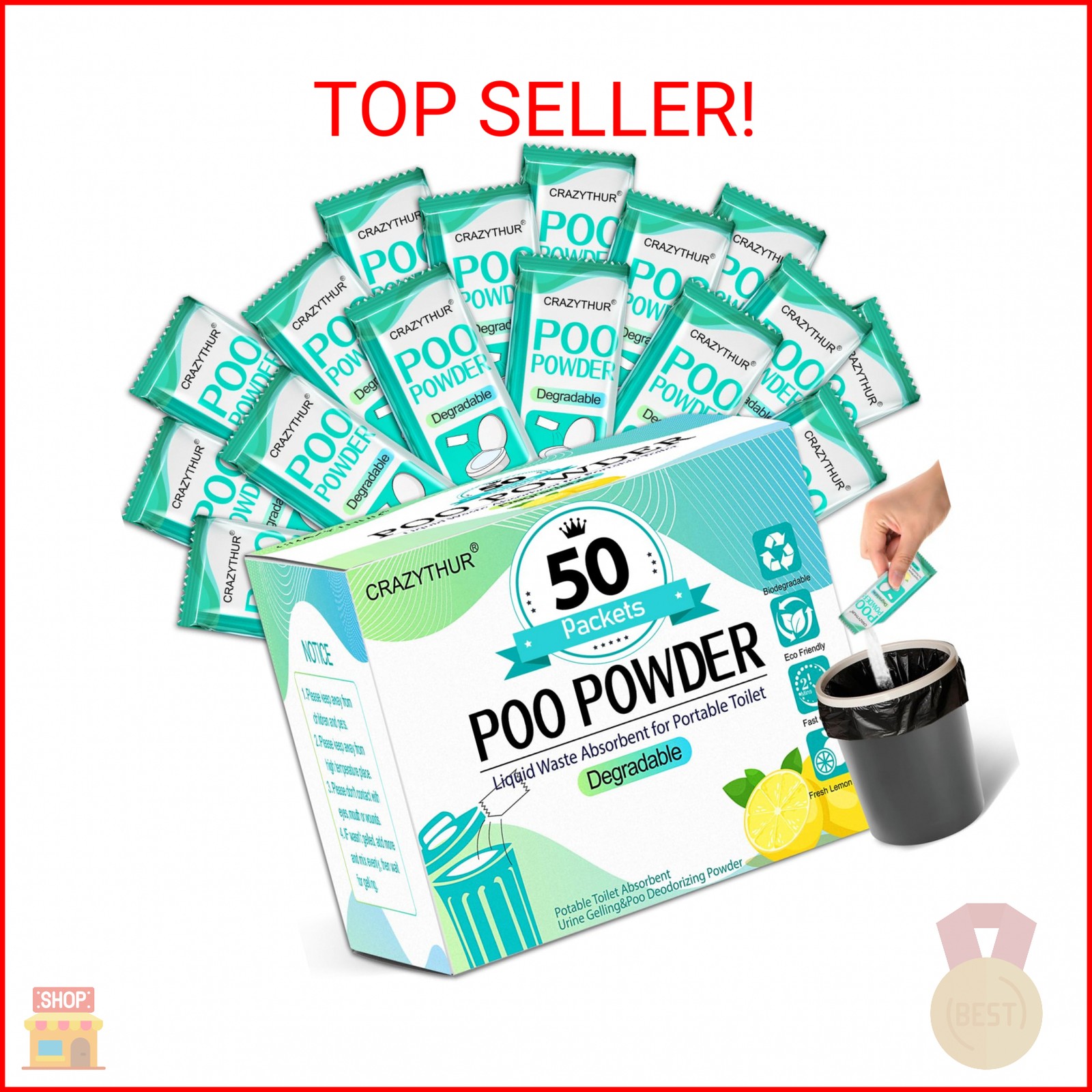 CRAZYTHUR Portable Toilet Gel, 50 Packets Camp Toilet Portable Gel, Poo Powder w