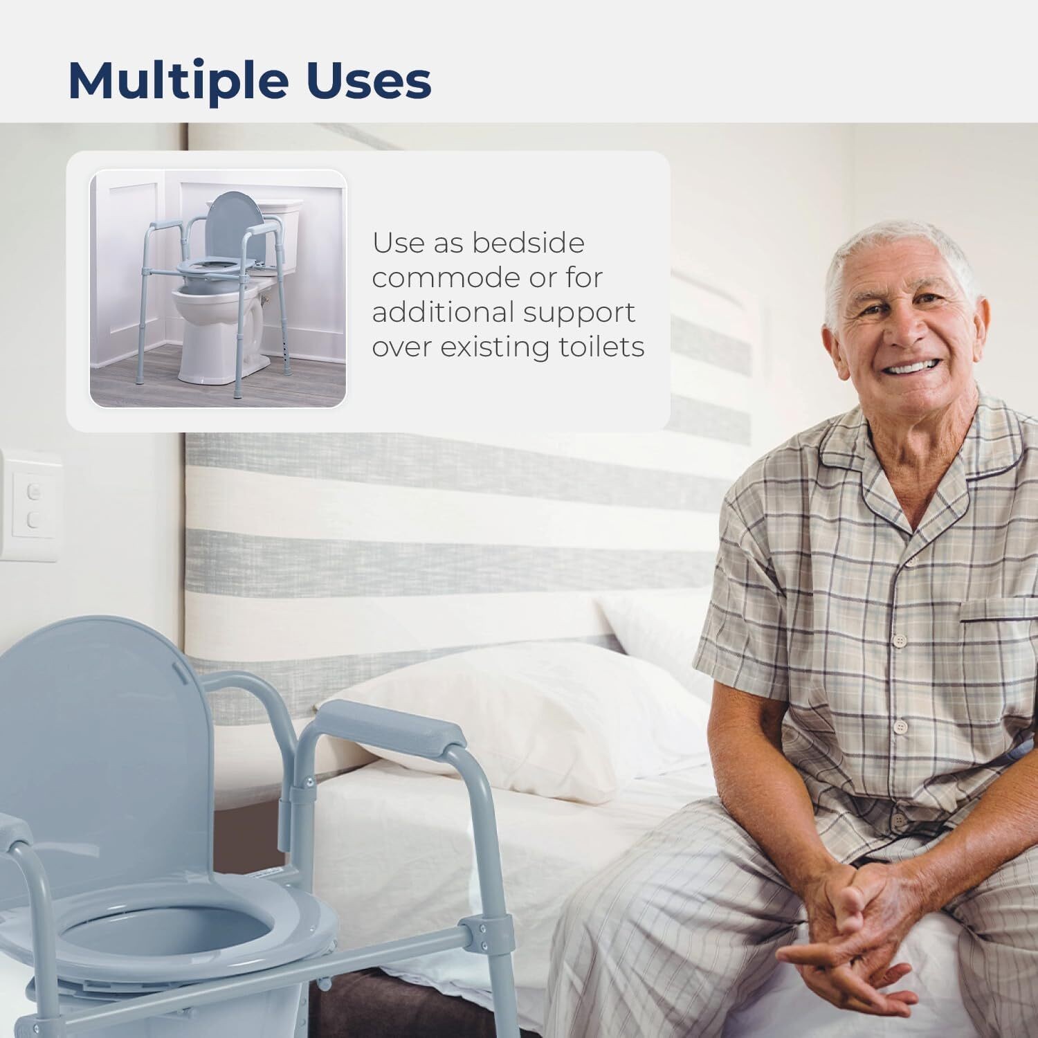 Folding Steel Bedside 3-In-1 Commode Chair Portable Toilet with 7.5 Qt. Bucket