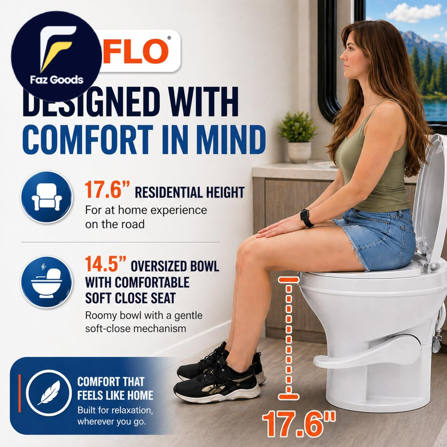 RV Toilet with Sprayer Attachment White 18.4” Residential Height, Gravity Flush