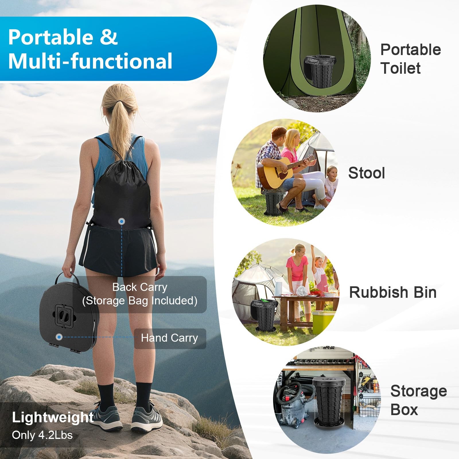 Upgrade Retractable Portable Toilet for Adults – 18.6″H Adjustable Height Cam…