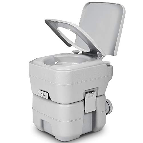 Portable Toilet, Camping 5.3 Gal Double Watwer Outlets+Handle Flush Pump