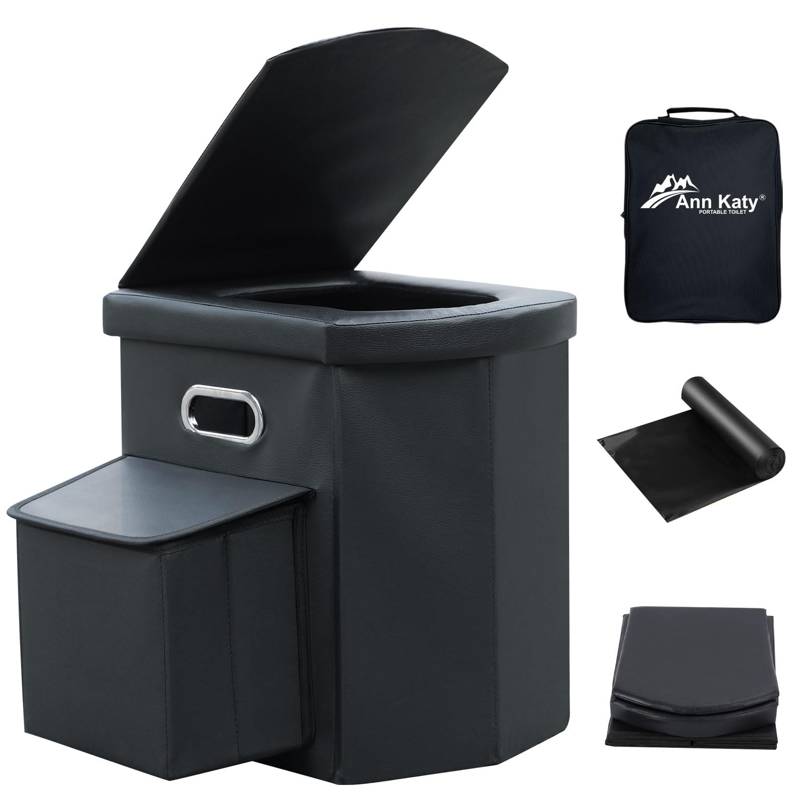 Ann Katy Upgrade XL Portable Toilet for Adults, Extra 5 sides, Black pocket