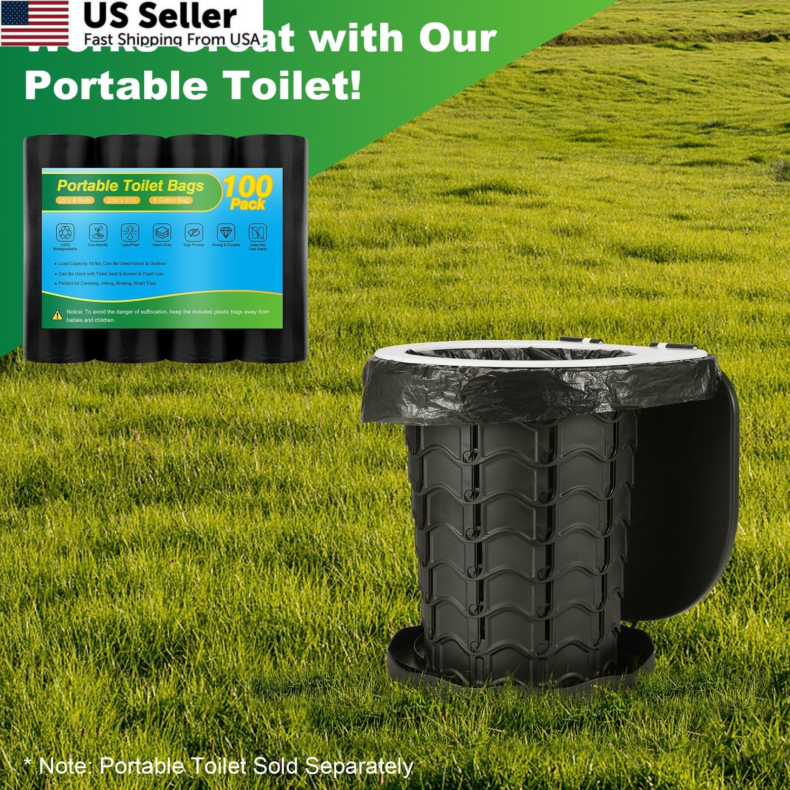 100 Portable Toilet Bags – Camping 1 Count (Pack of 100), 100 PCS