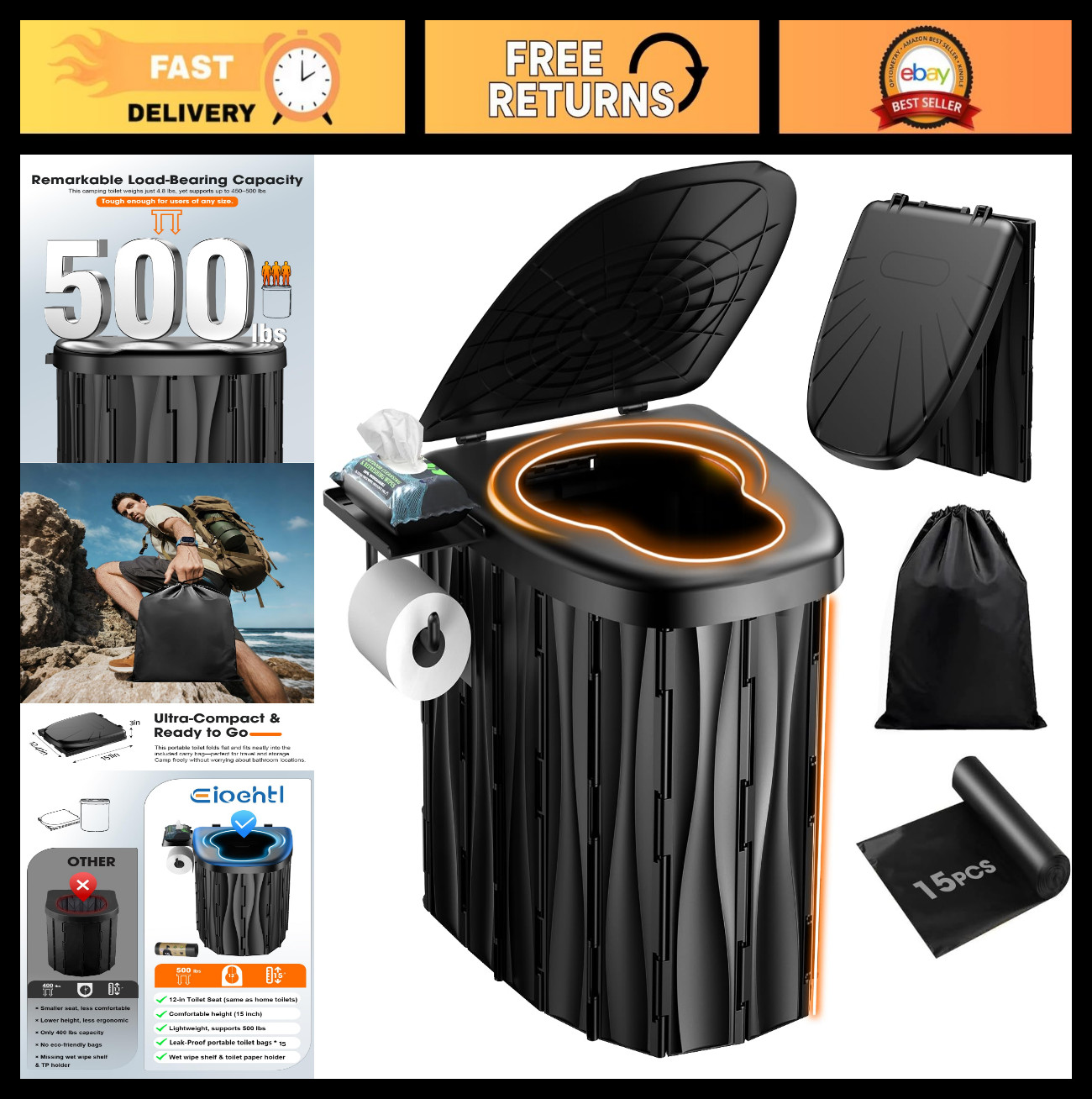 Upgraded 15″ XL Portable Toilet for Camping, RV, Hiking, 500 LB Capacity, Lid &