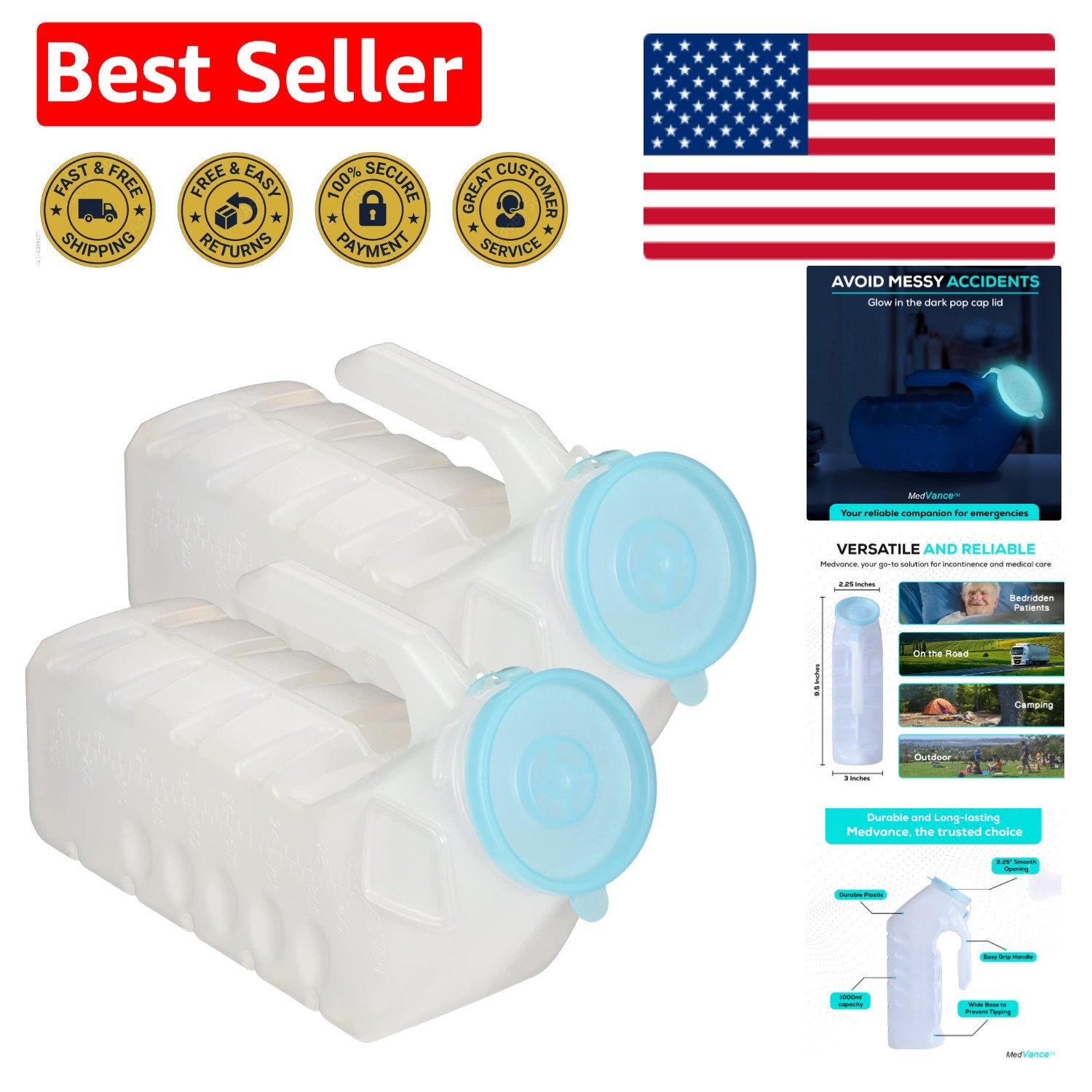 Ergonomic 1000ml Urinal Bottles for Men, 2-Pack – Easy-Grip for Comfort & Safety