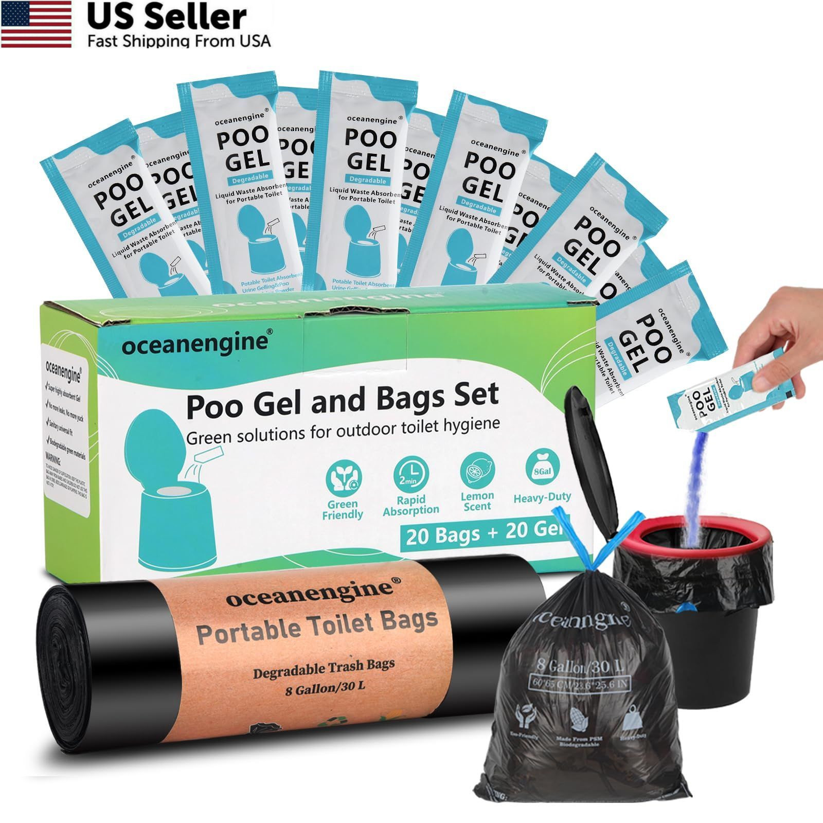 Portable Toilet Bags 2 Count (Pack of 20), ​40 Count: 20 & 20 Gel Packs
