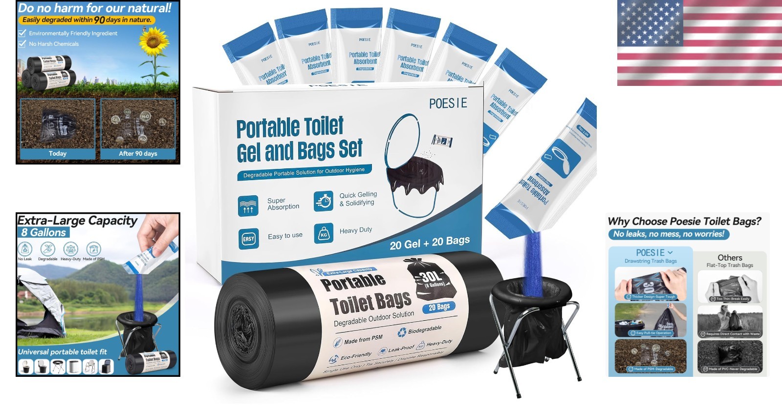 Portable Toilet Gel Pack with Bags Compostable Urine Absorbent for Camping