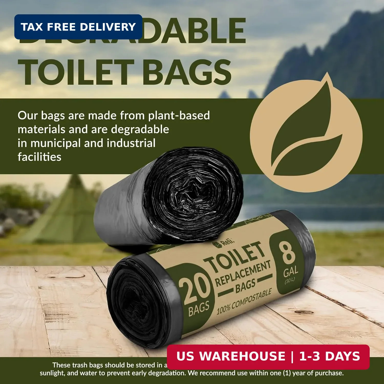 Reli. Compostable Outdoor Toilet Bags 20 Count, 8 Gallon | Camping & Hiking | Tr
