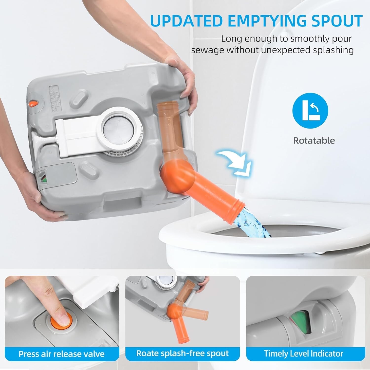 Elegant 5.8-Gallon Portable Toilet with Diagonal Bowl & Hand Sprayer for Camping