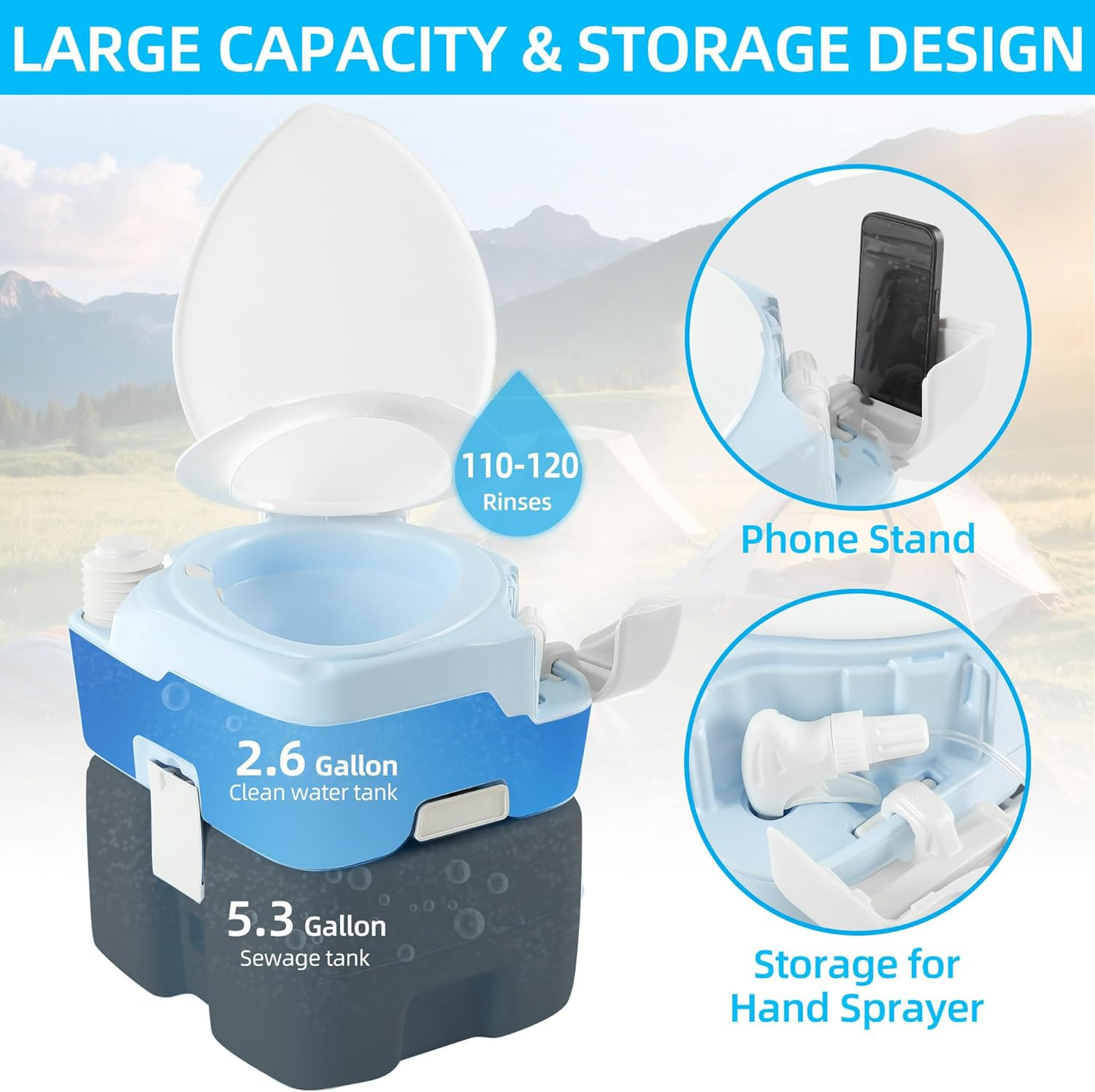 Portable 5.28 Gallon Camping Toilet with Press Flush & Hand Sprayer, Light Blue