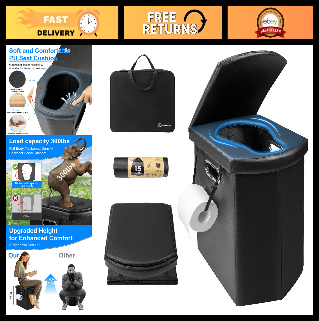 Folding Portable Toilet 17.5″ Adult Height, 300 lbs Capacity, Collapsible Travel