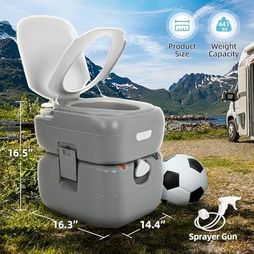 Portable Toilet 5.8 Gallon, Camping Porta Potty with Standard Seat+Bag+Sprayer