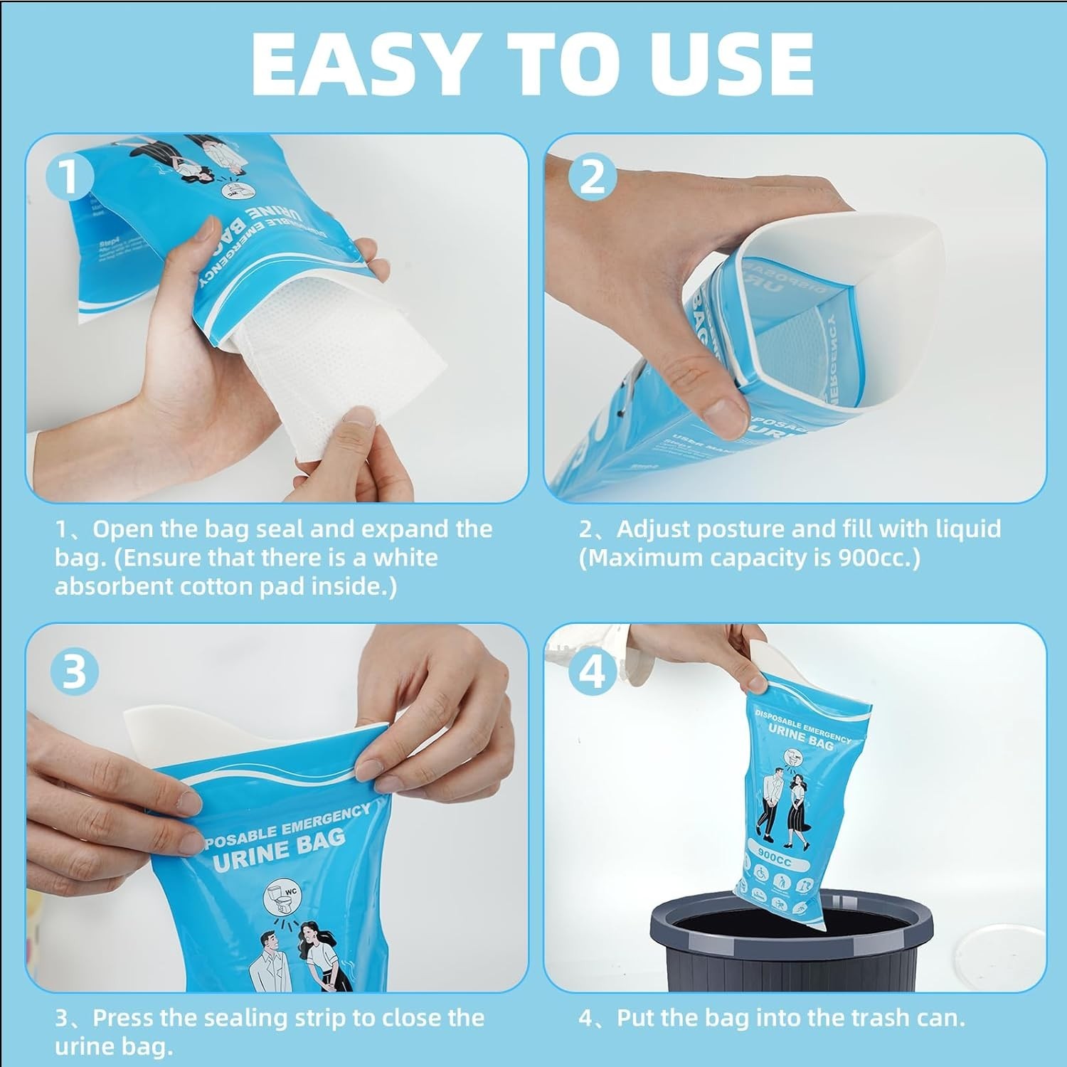 12 Pcs Portable Urine Bags 900ML Leakproof Odorproof Gel for Travel Emergency