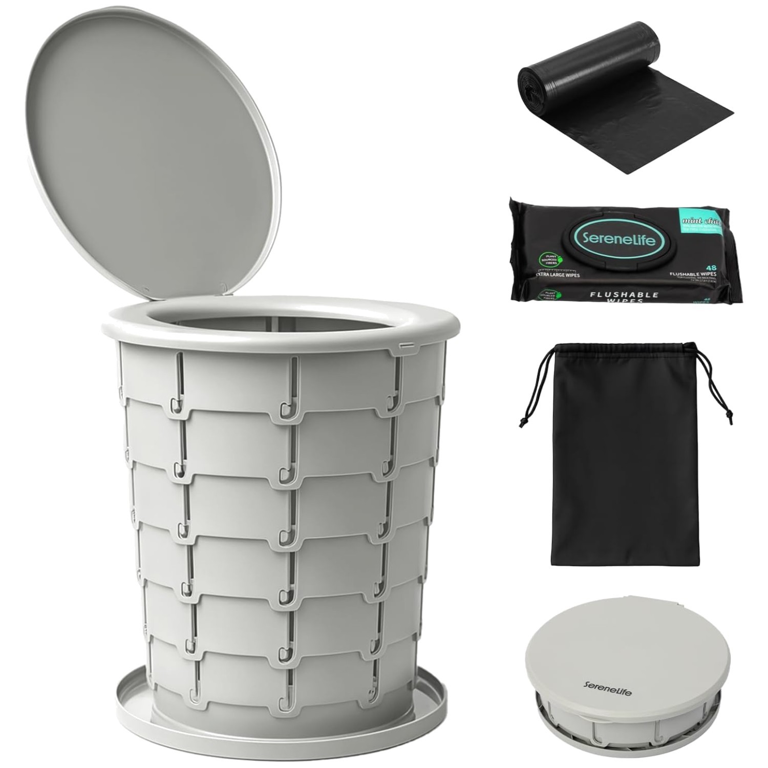 Portable Camping Toilet Seat + 3-Pack Flushable Wipes, Gray