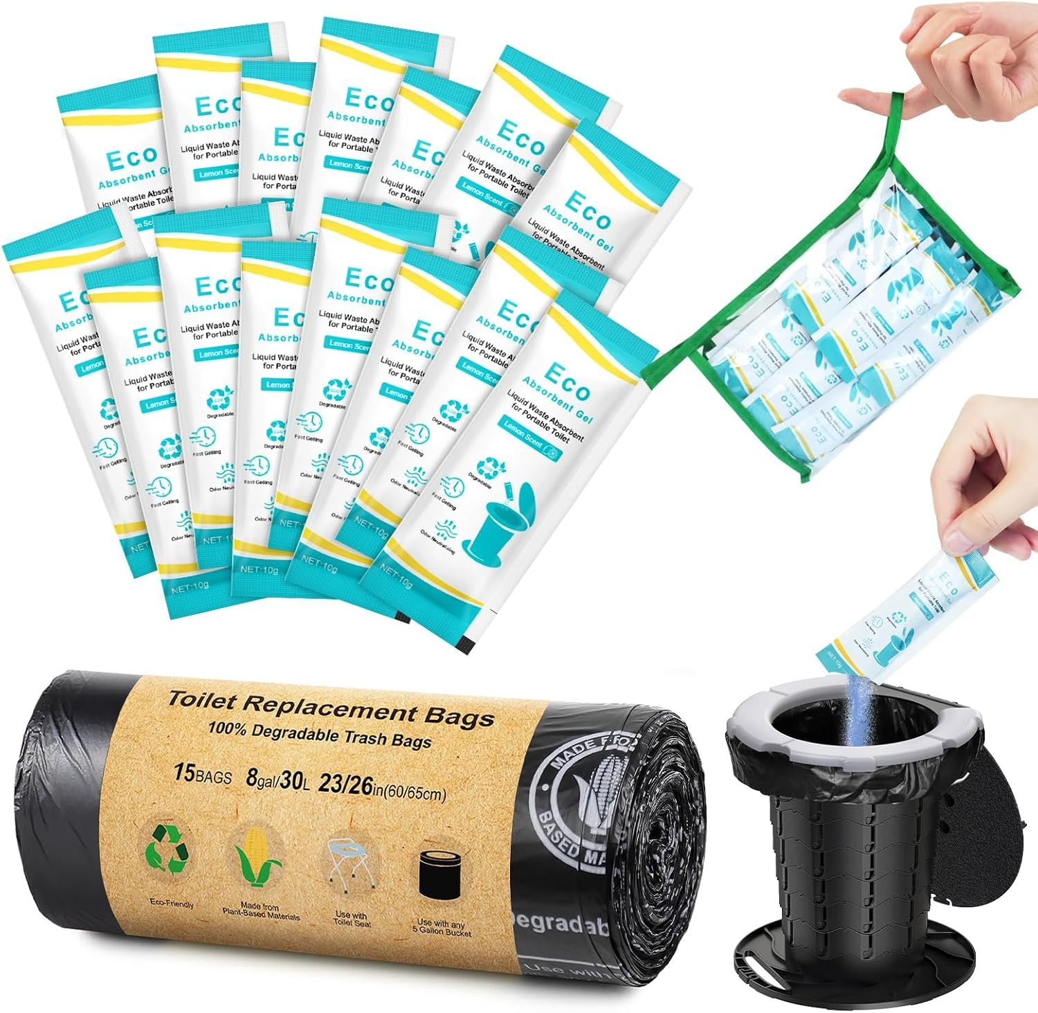 Camping Toilet Bags Eco Absorbent Gel Set, Portable Toilet Bags with Gel, 8 G…