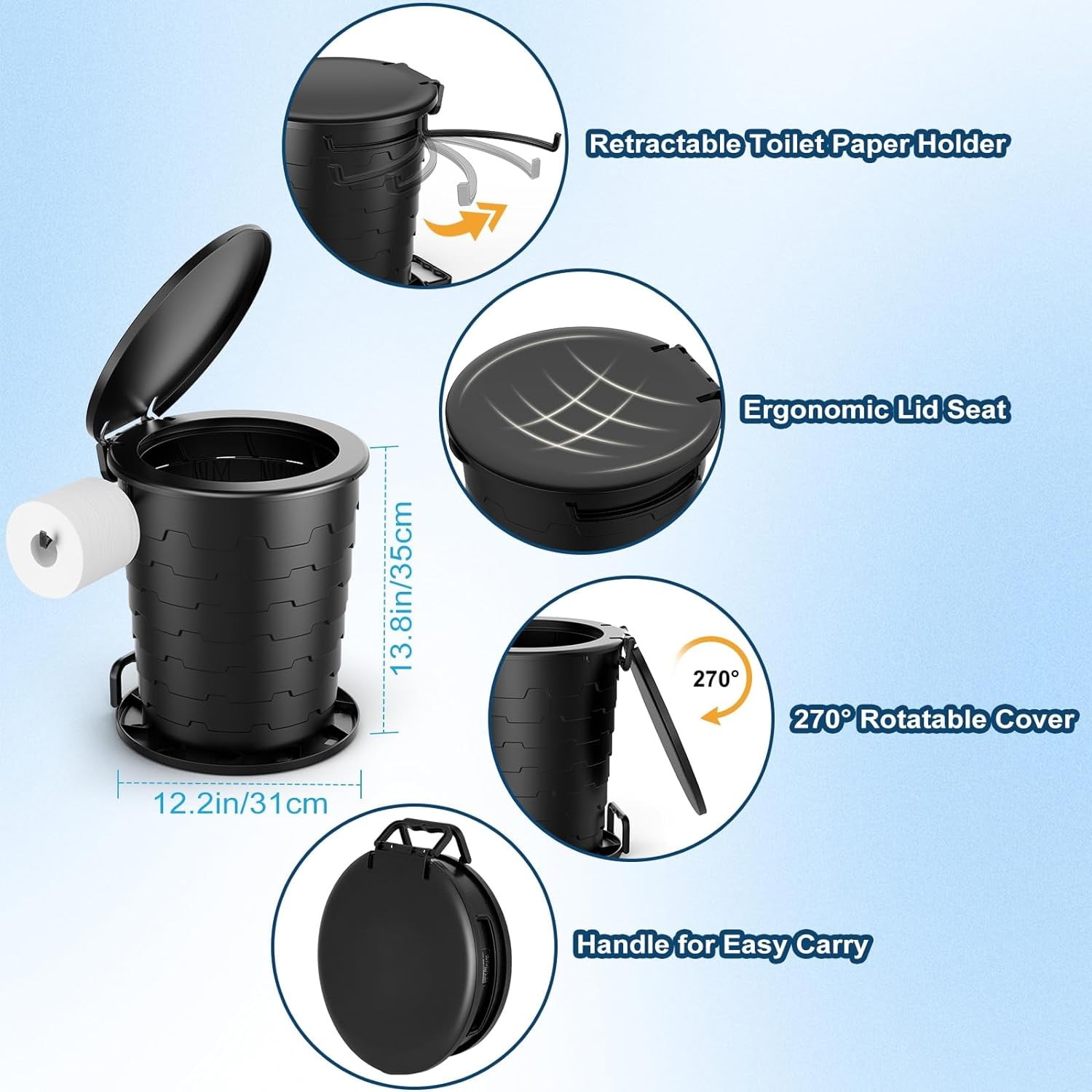 Wadeo Portable Toilet with Toilet Paper Holder, Adjustable Height, Foldable for
