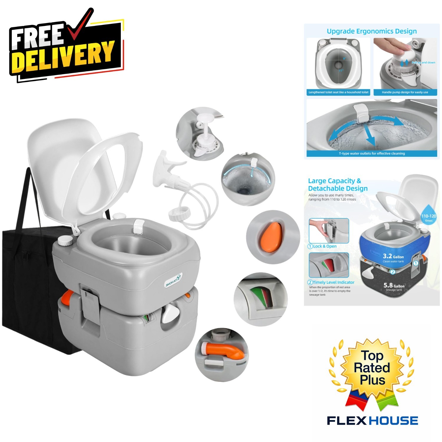 Convenient 5.8 Gallon Portable Camping Toilet with Level Indicator & Sprayer