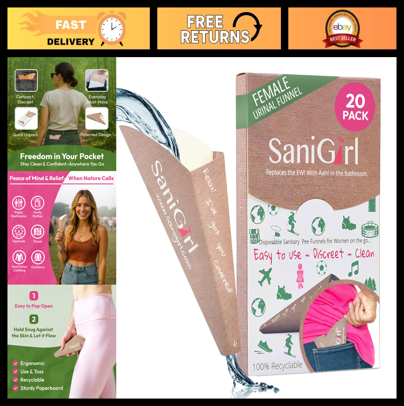 Disposable Pee Funnel for Women – 20 CT Leak-Proof Female Urinal for Travel, Cam