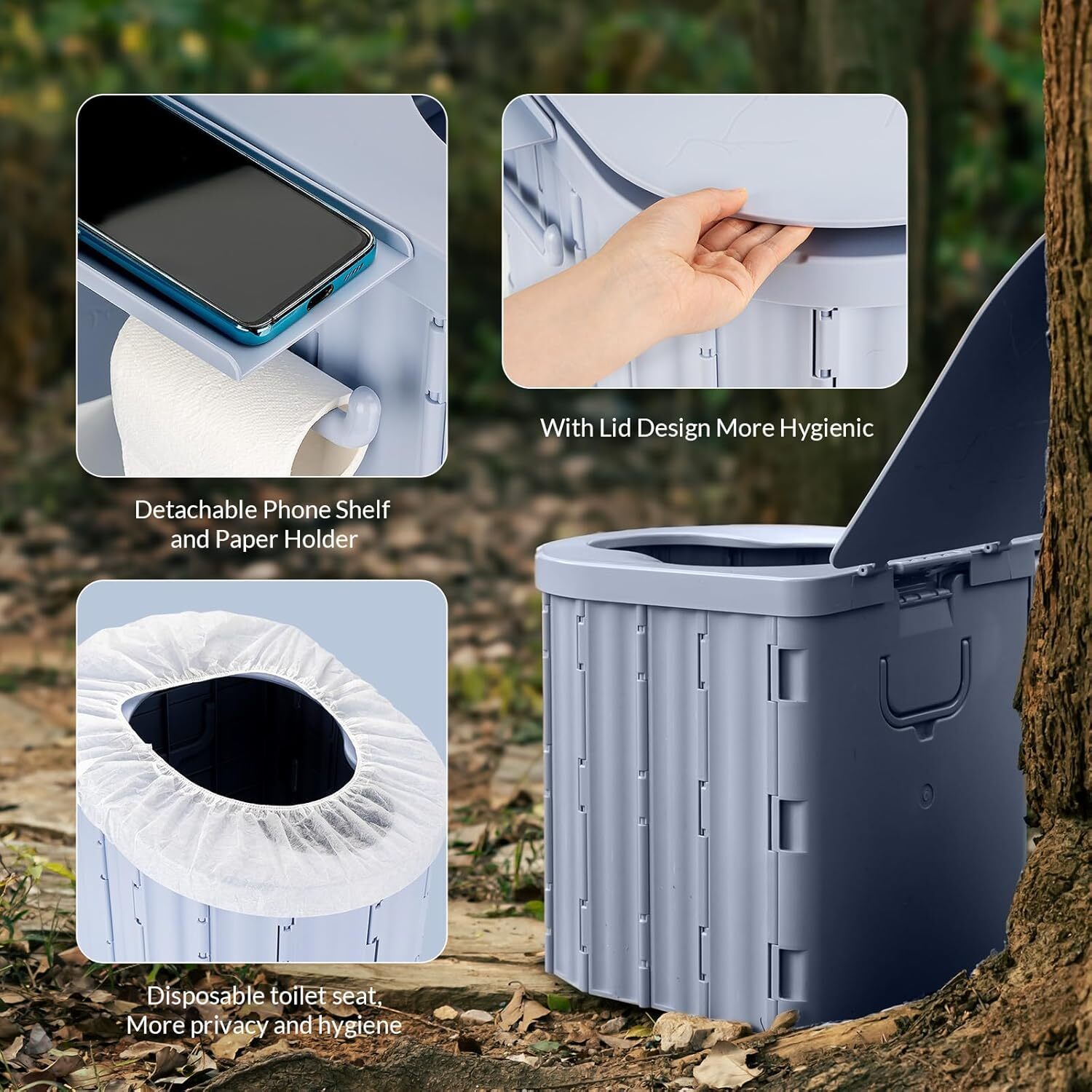Portable Folding Camping Toilet with Lid and Retractable Toilet Paper Holder US