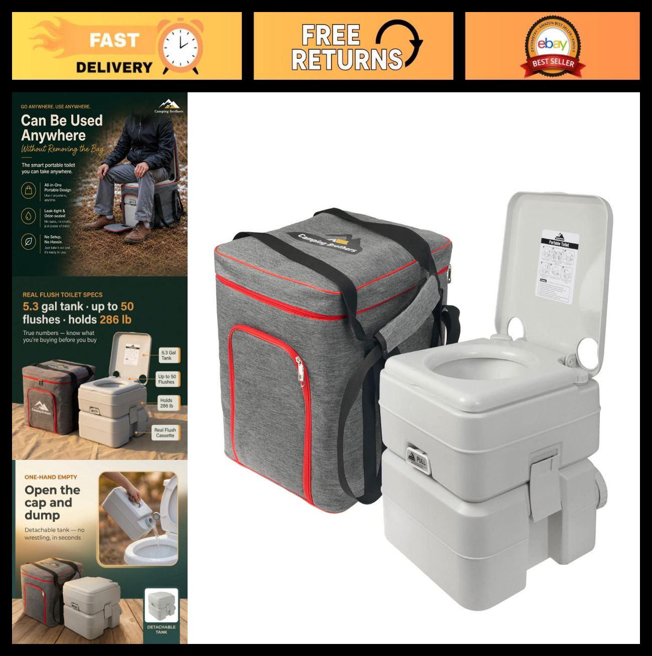5.3 Gallon Portable Camping Toilet – Extra Large Outdoor Porta Potty, 286 LBS Ca
