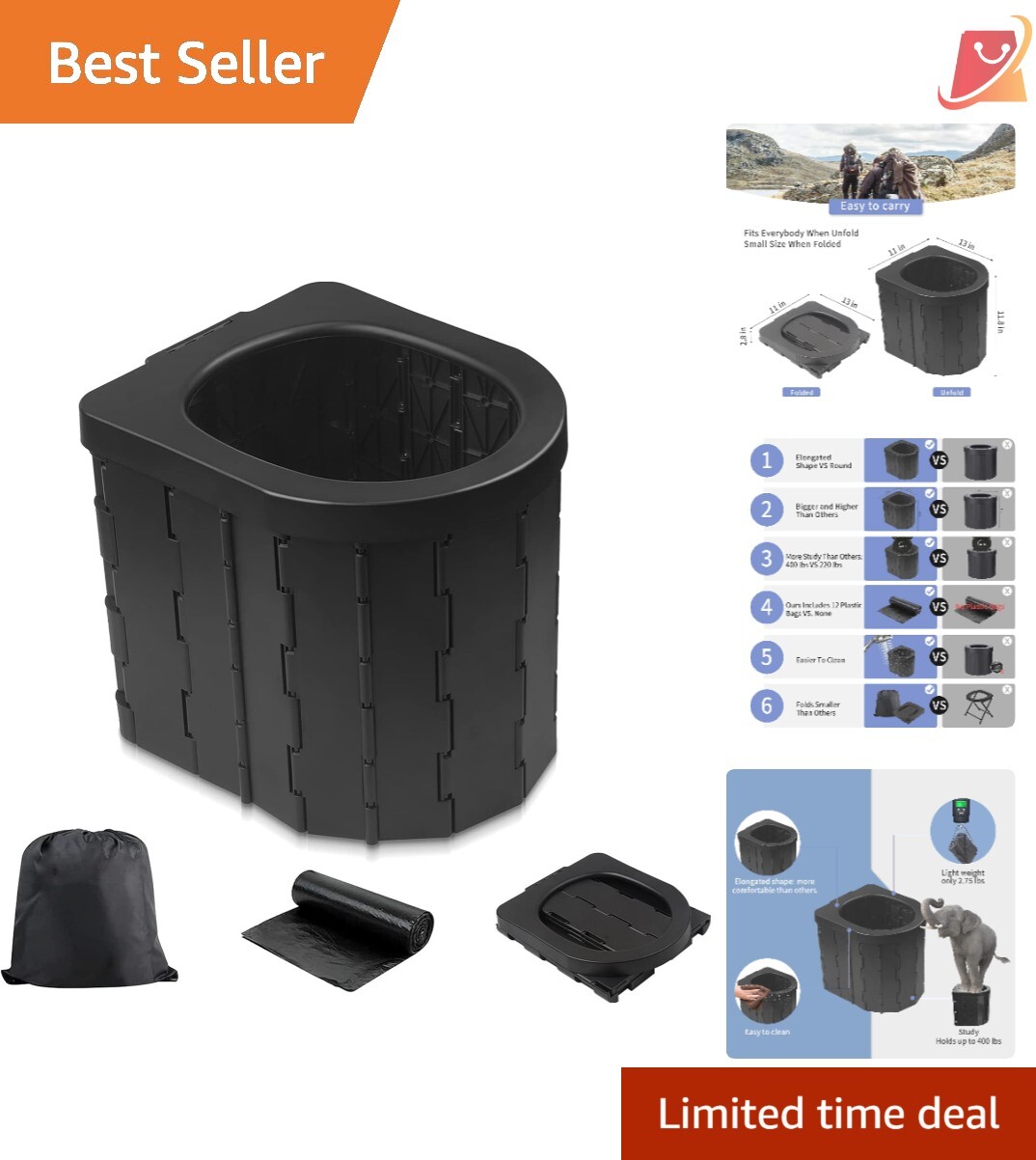 Portable Toilet Polypropylene 11.8″ for Camping, Hiking, Travel, Easy Cleanup
