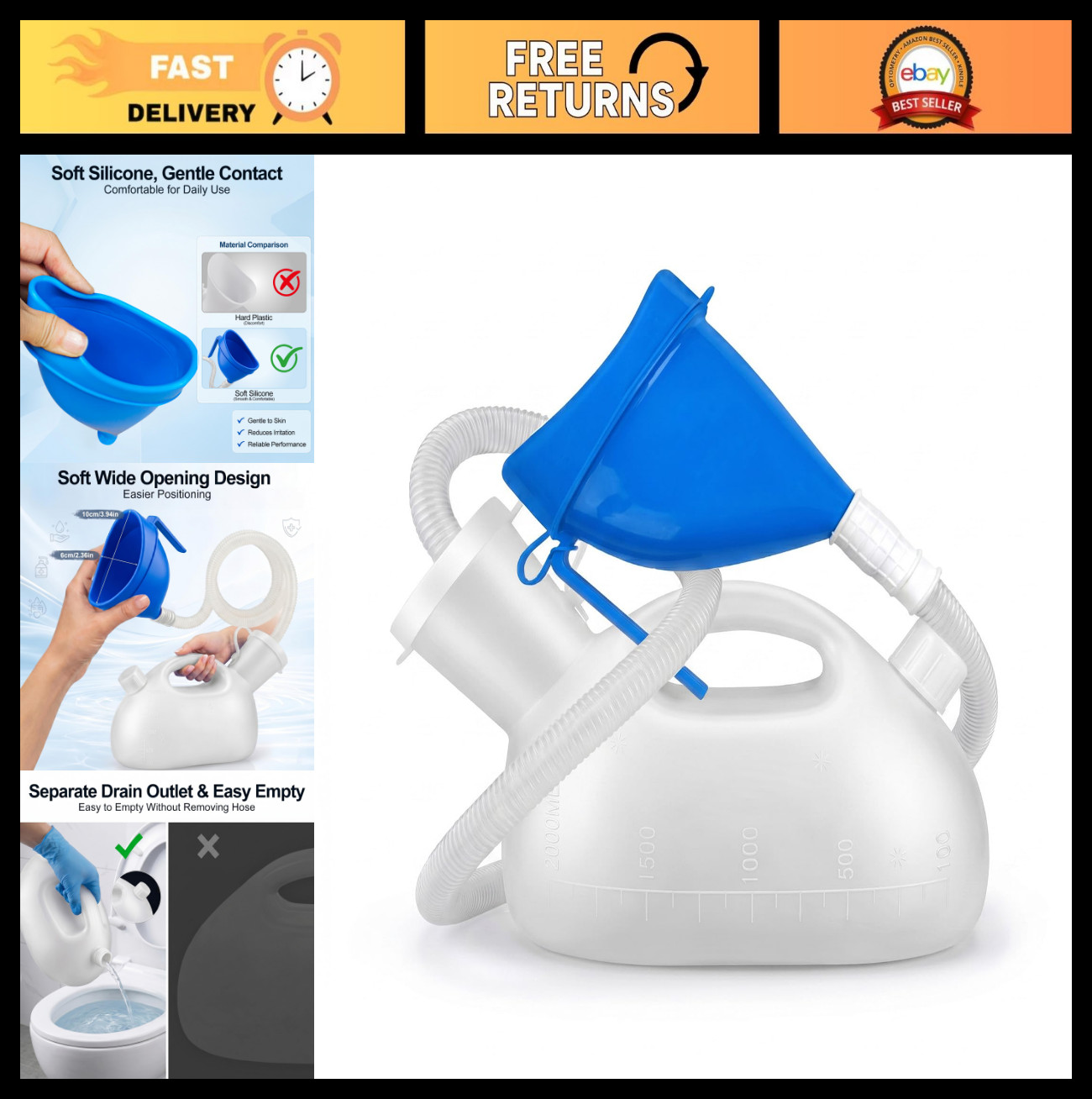 Portable Spill Proof Male Urinal Bottle with 47″ Hose, Soft Opening, 2000ML for