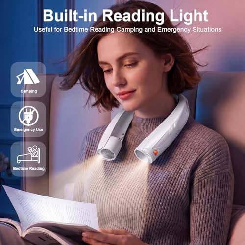 Portable Neck Fan with Reading Light, 6-Speed Wearable Fan, 6000mAh USB-C White