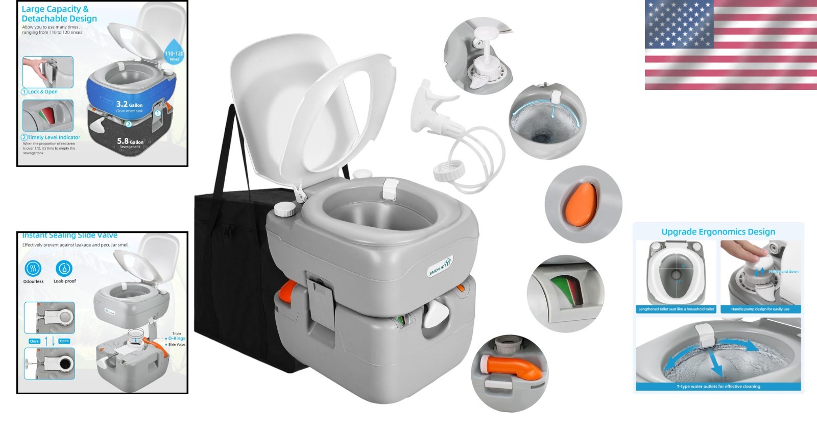 Convenient 5.8 Gallon Portable Camping Toilet with Level Indicator & Sprayer