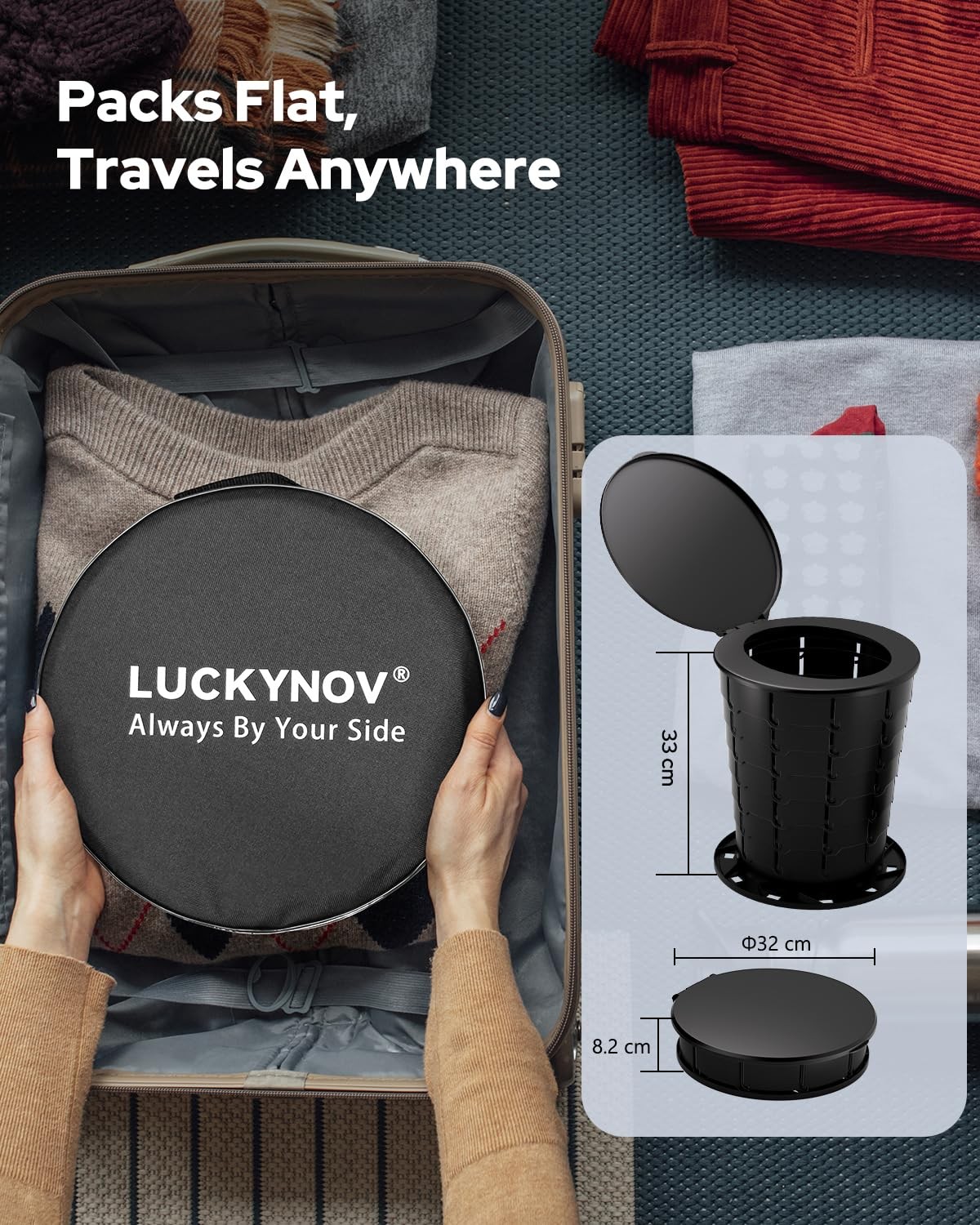 LuckyNov Height Adjustable Portable Folding Toilet for Camping, Black-13” H