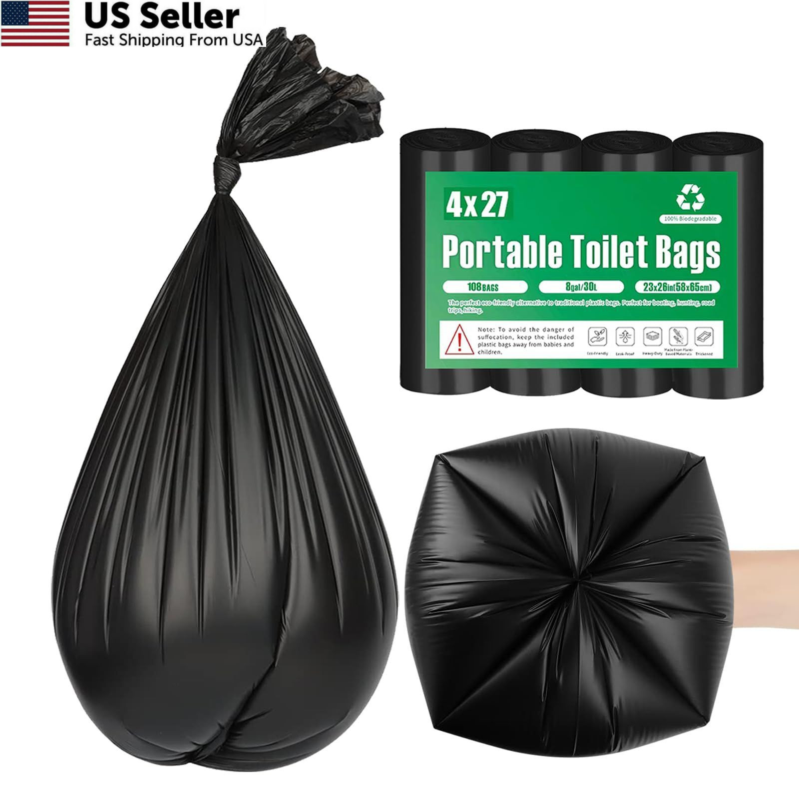 108 Portable Toilet Bags, TALTBREX 8 27 Count (Pack of 4), 108 Count-black