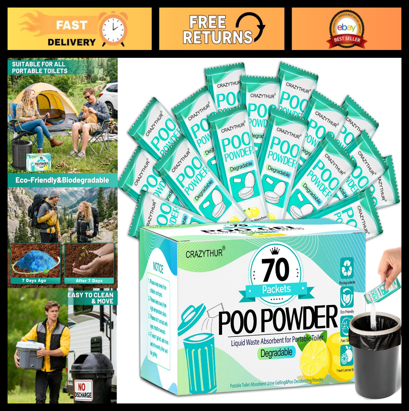 Portable Toilet Gel Powder – Poo & Pee Powder for Camping, Hiking, Outdoor Use