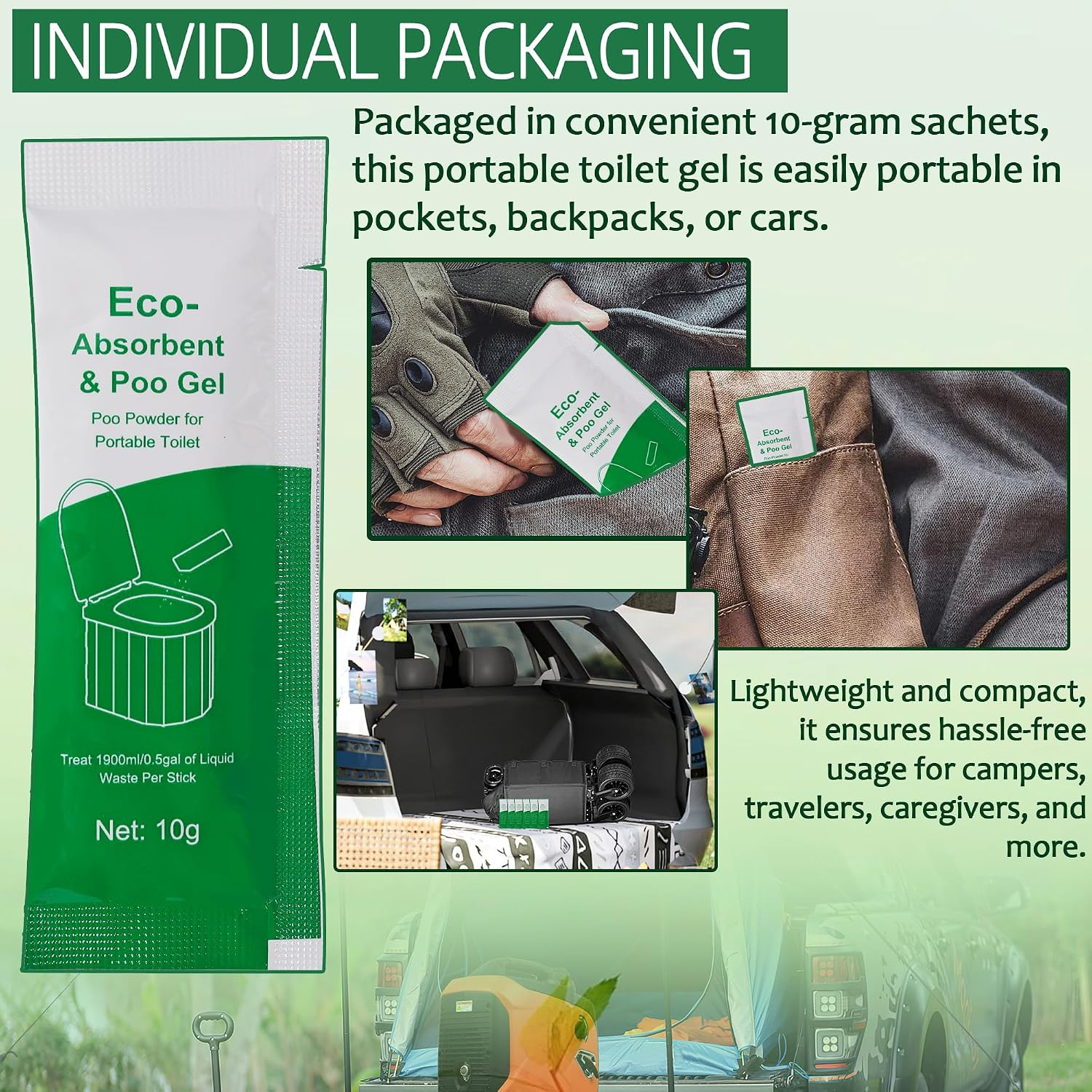 Portable Toilet Absorbent Gel with Camping Toilet Bags, Poo Urine Powder for Hik