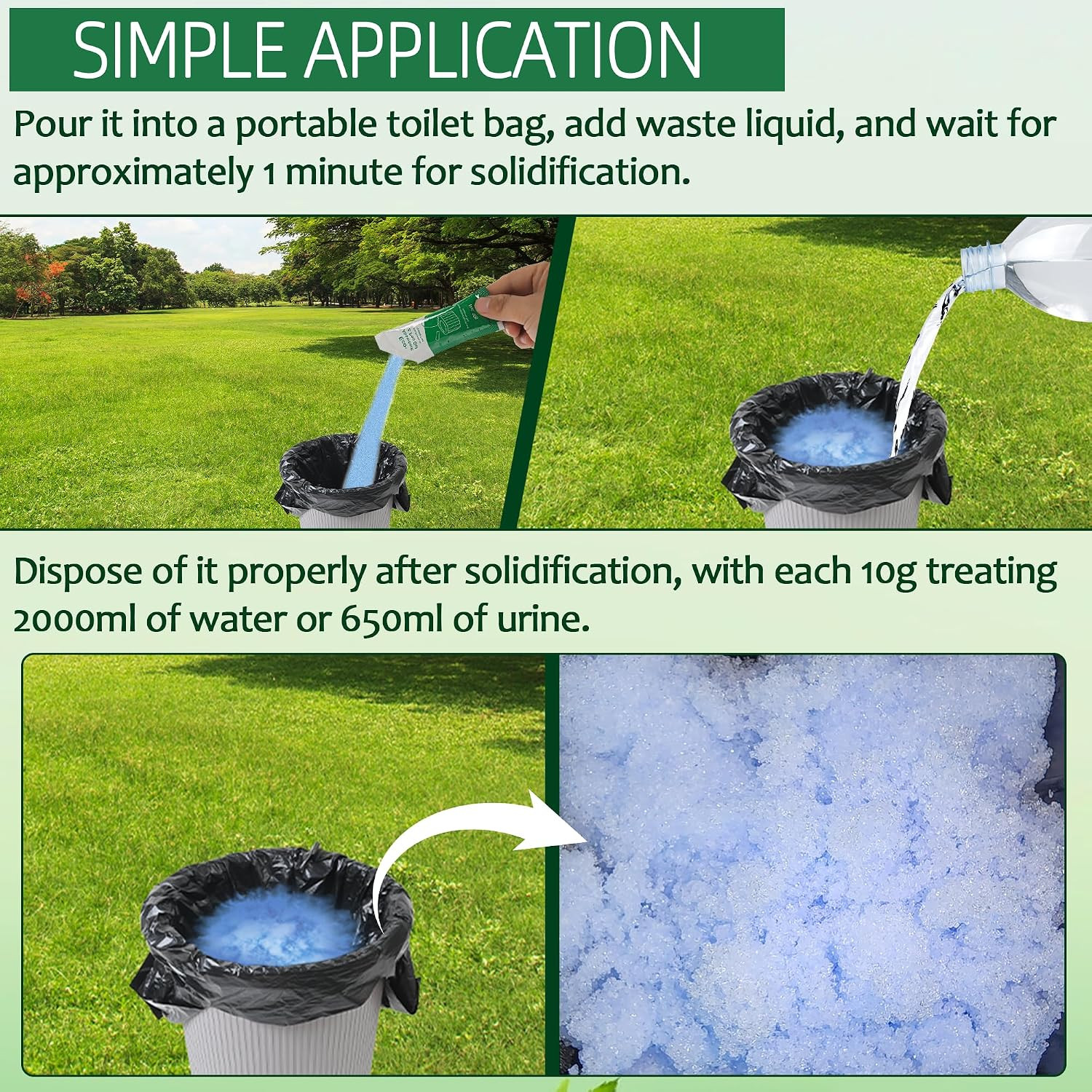 Portable Toilet Absorbent Gel with Camping Toilet Bags, Poo Urine Powder for Hik