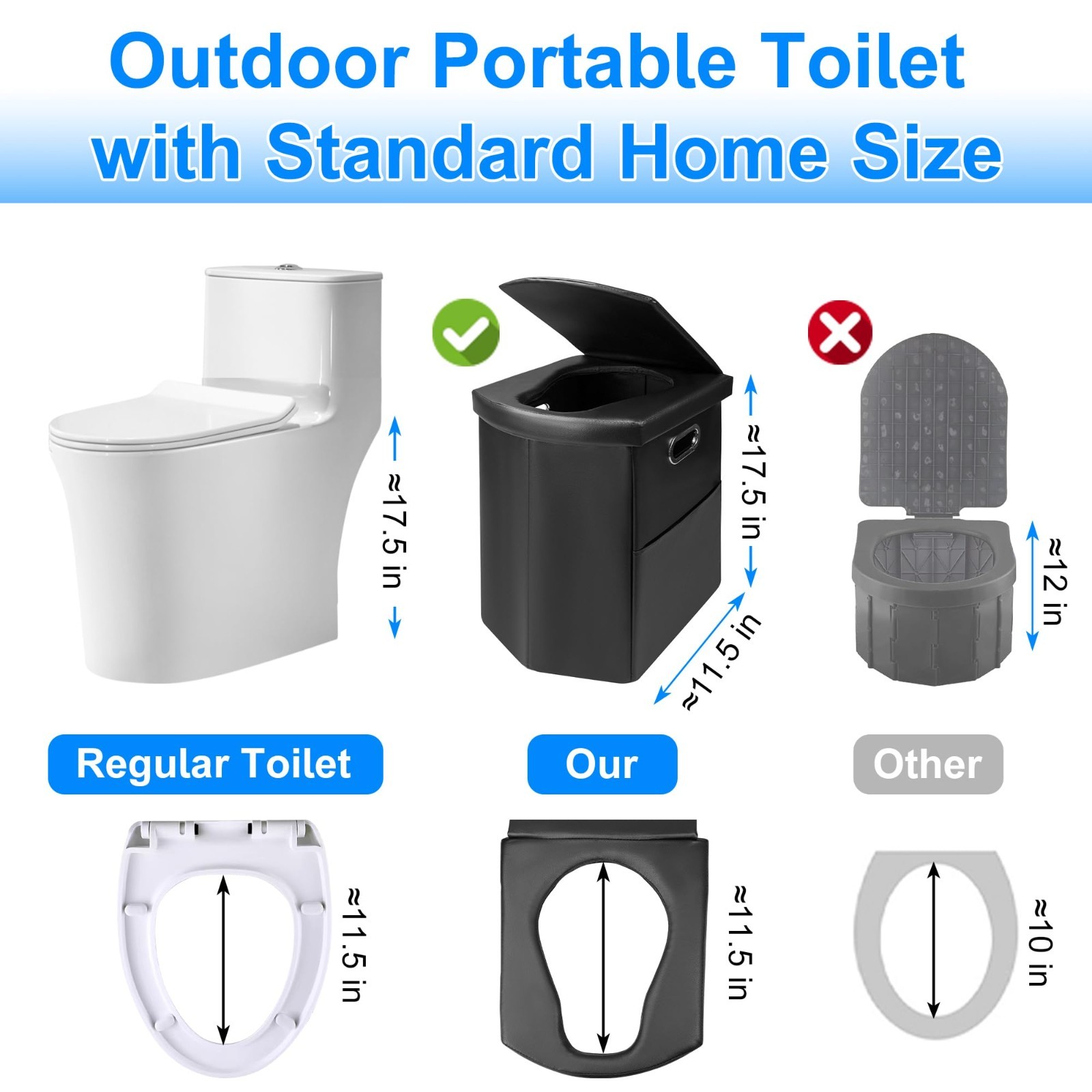 Folding Portable Toilet 17.5″ Adult Height, 300 lbs Capacity, Collapsible Travel