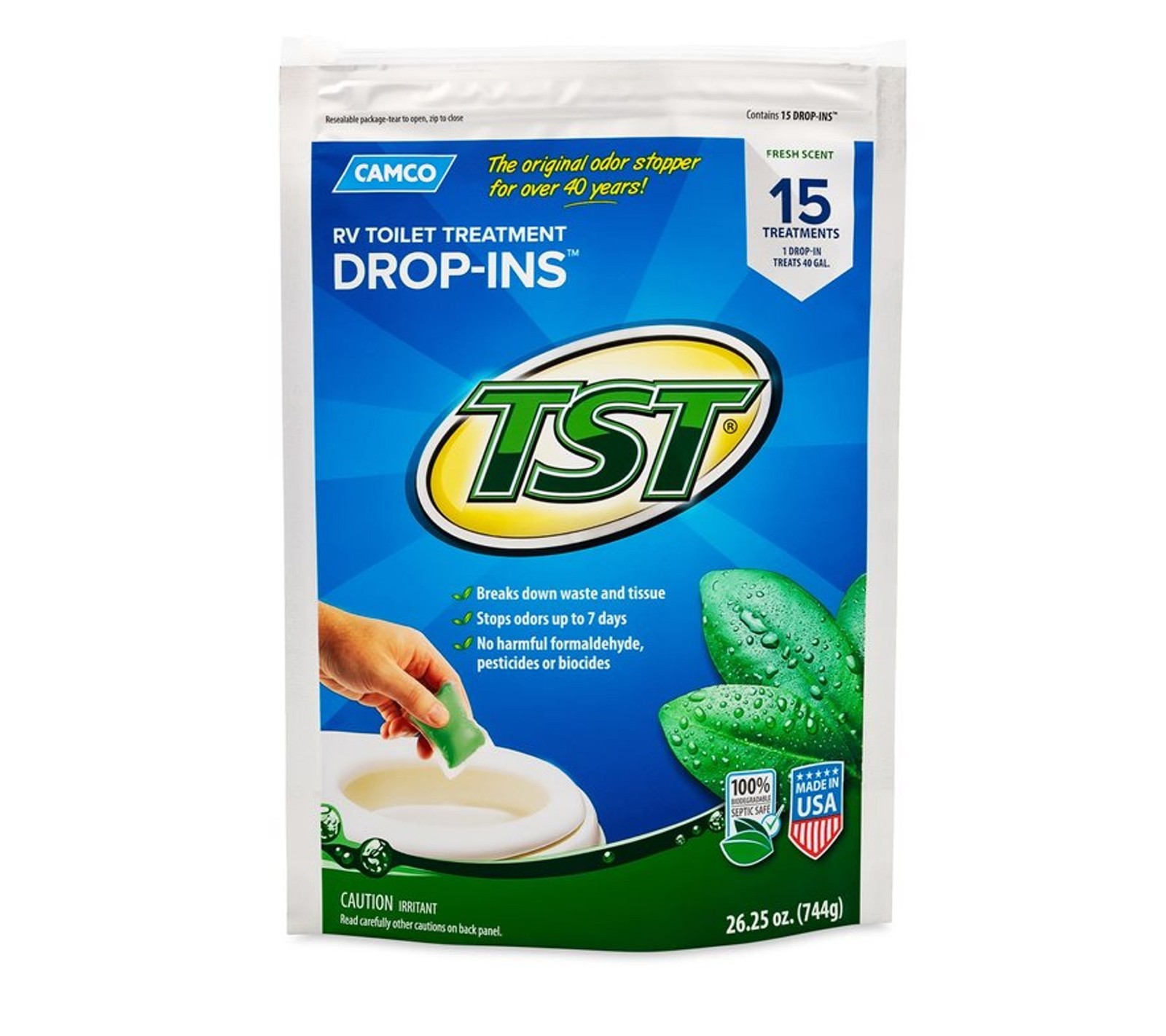 Camco TST Max Drop-Ins RV/Marine Toilet Treatment (Fresh Scent) 15/bag #40264
