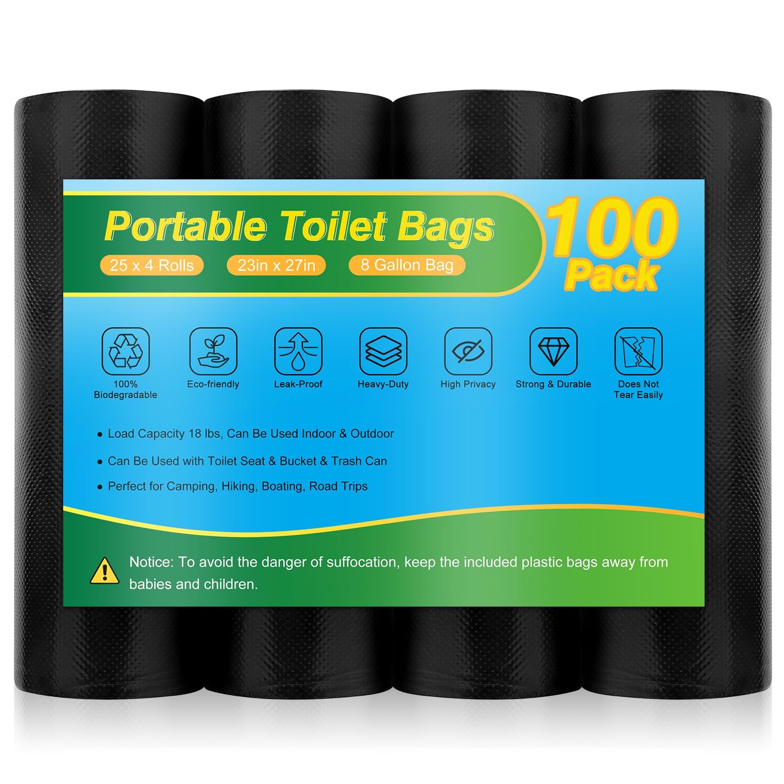 100 Portable Toilet Bags – Camping Toilet Bags Biodegradable Potty Bag, 8 Gallon