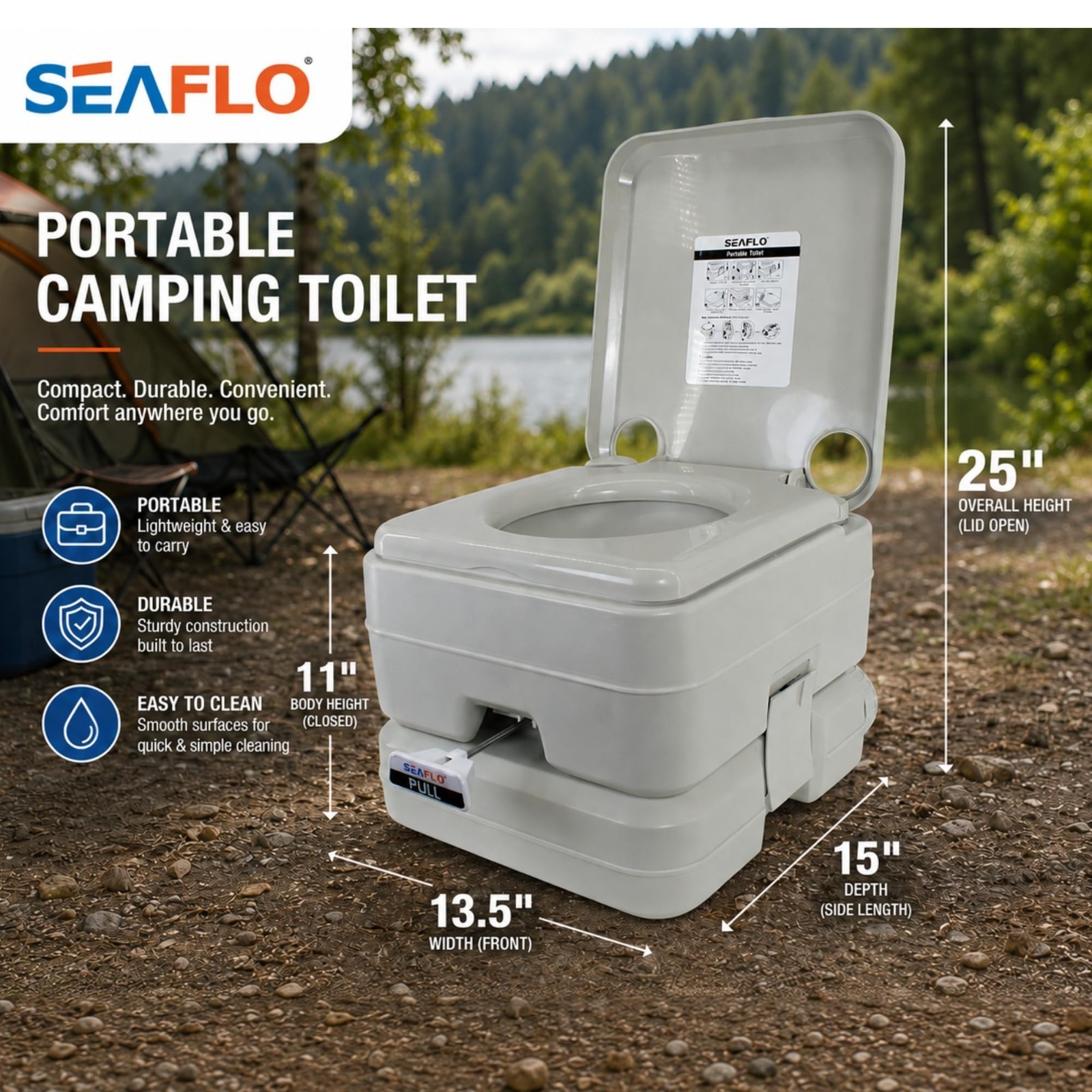 Portable Camping Toilet 5.8 Gallon – 100 Flushes, 440 lbs Capacity, RV/Boat Use,
