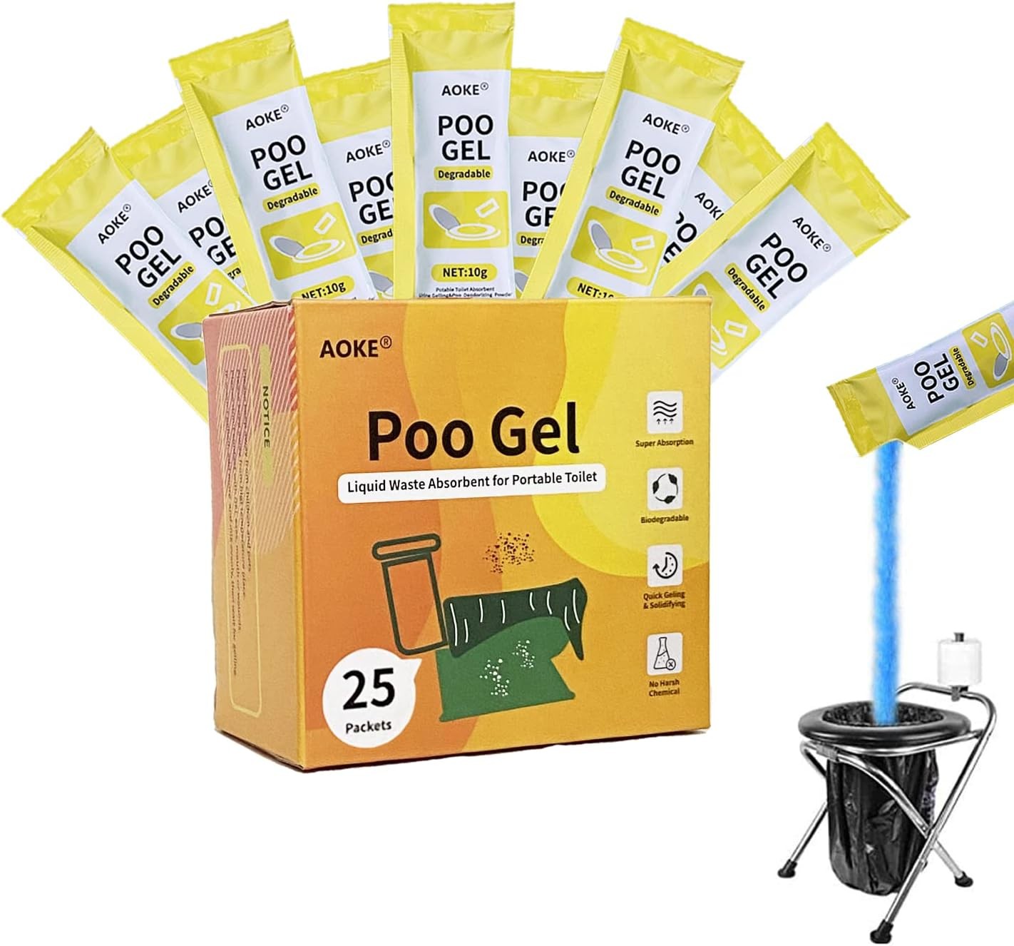 AOKE Portable Toilet Absorbent Gel Powder – Lemon 25 Pack Poo Deodorizing Treatm