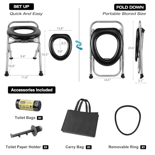 16.5″H Portable Toilet for Camping, 350LB Capacity Stainless Steel Folding
