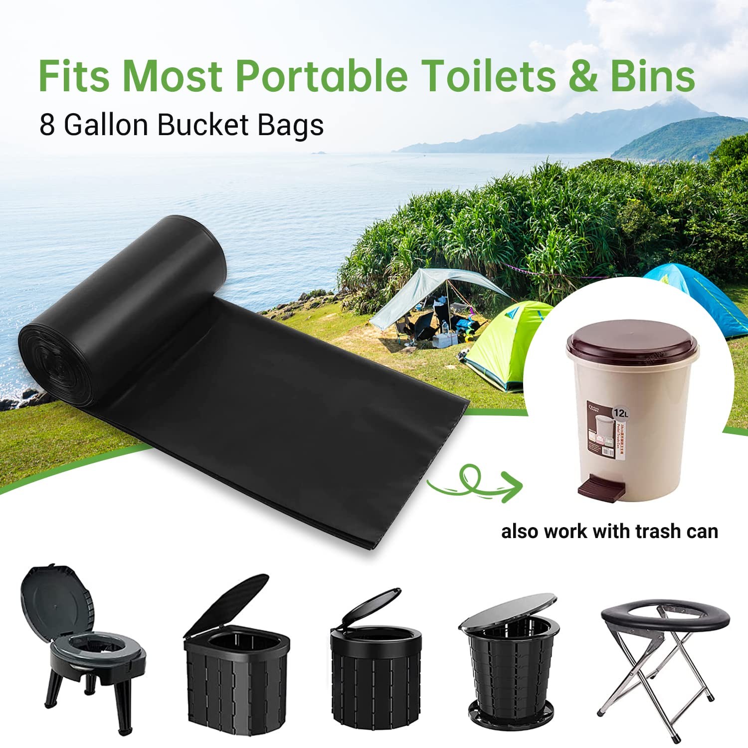 50 portable toilet bags for camping, 8 Gallon 1.3 Mil Thickened Compostable T…