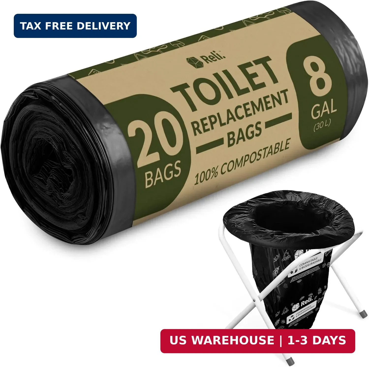 Reli. Compostable Outdoor Toilet Bags 20 Count, 8 Gallon | Camping & Hiking | Tr