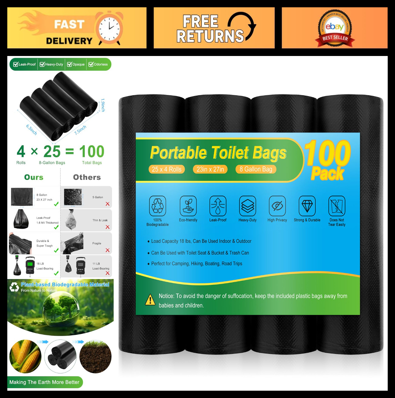 Biodegradable Portable Toilet Bags – 8 Gallon Camping Waste Bags for 5 Gallon Bu