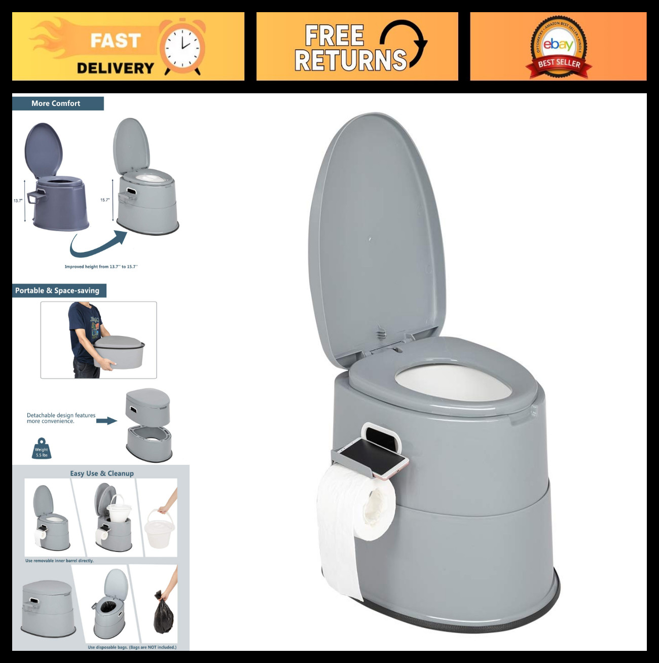 Portable Toilet for Camping, Boat, Van | Lightweight Commode w/Detachable Bucket