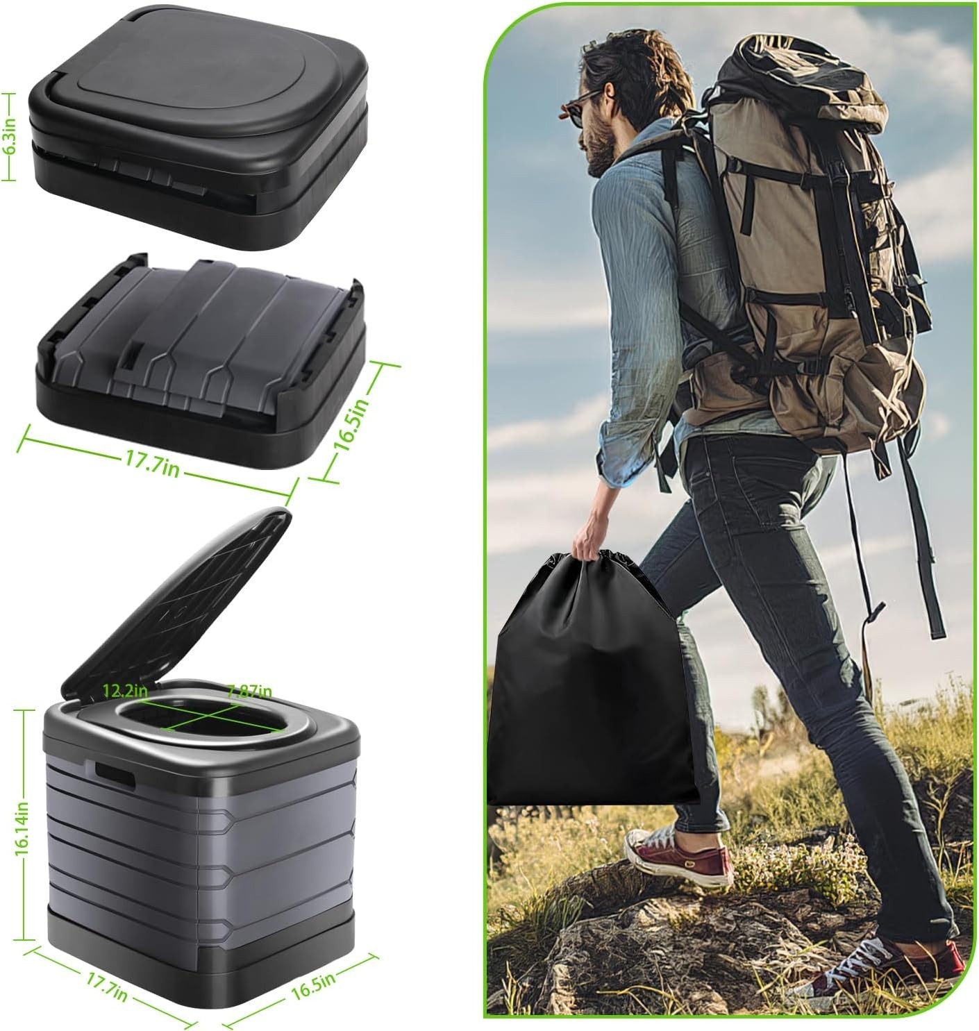 XXL Portable Toilet for Adults,16” Tall Camping Toilet with Lid and Carry Ba…