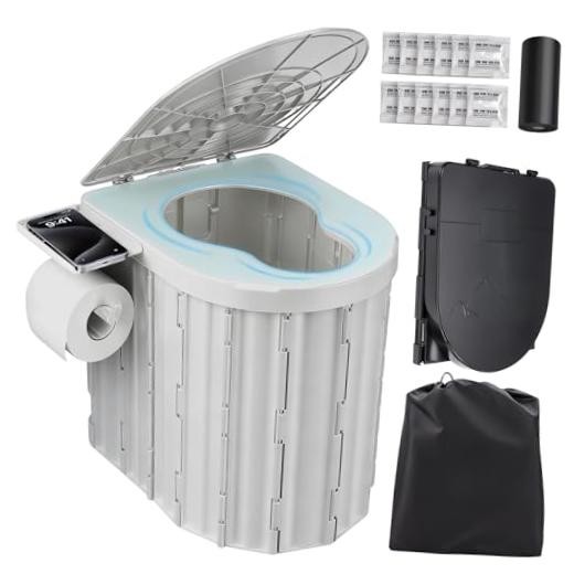 Portable Toilet for Adults, Foldable Plastic Toilet, with Lid and Paper Gray