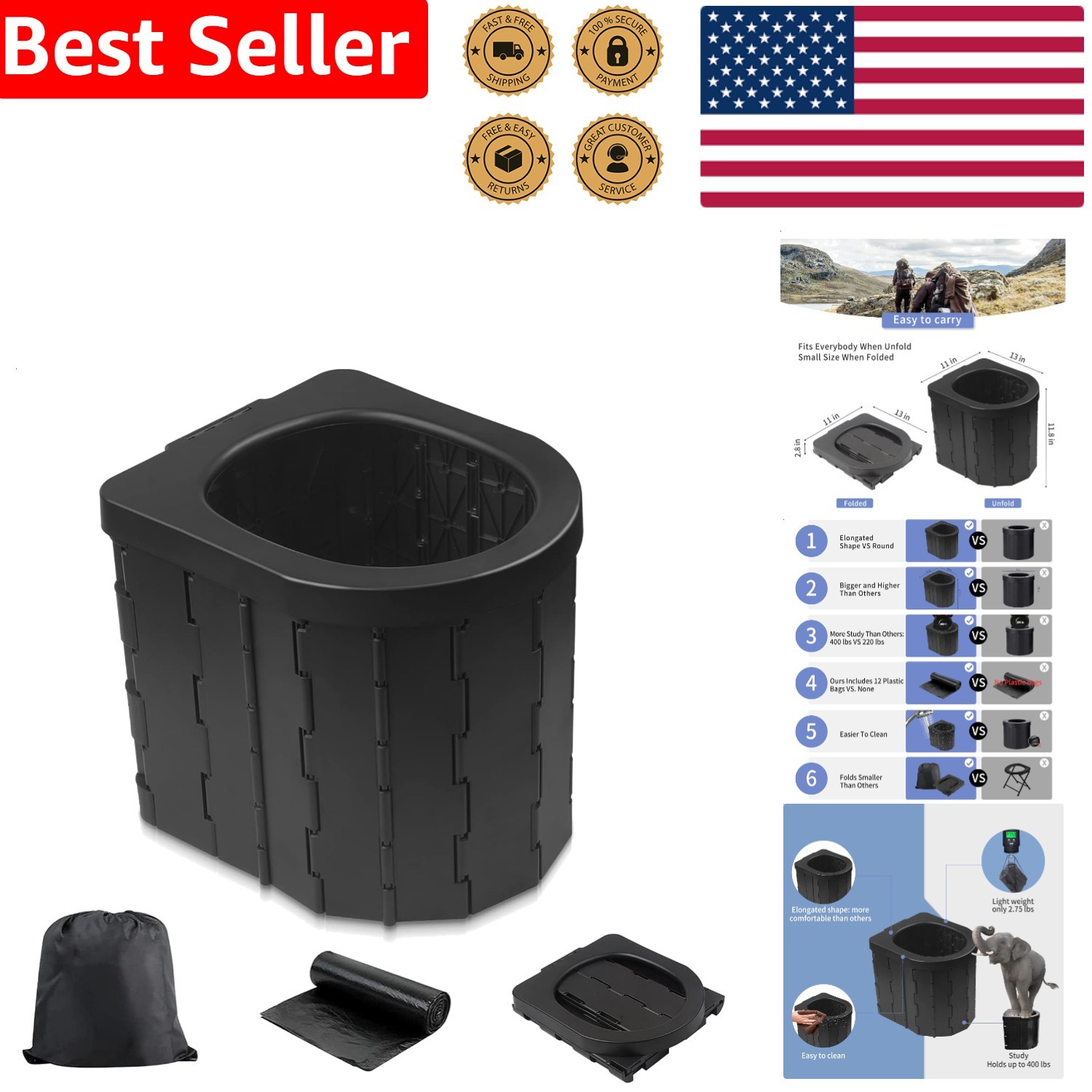 Portable Toilet Folding Commode Potty for Camping Hiking Travel Car Adults St…
