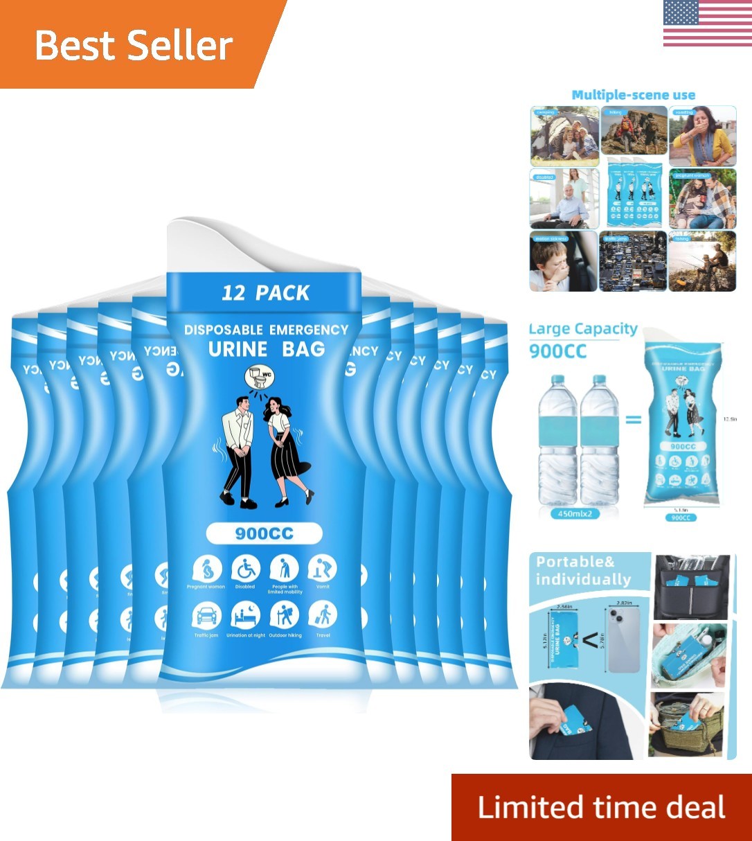 12/24 Pcs Disposable Urine Bags, 3rd Generation 900ML Emergency Portable Pee …