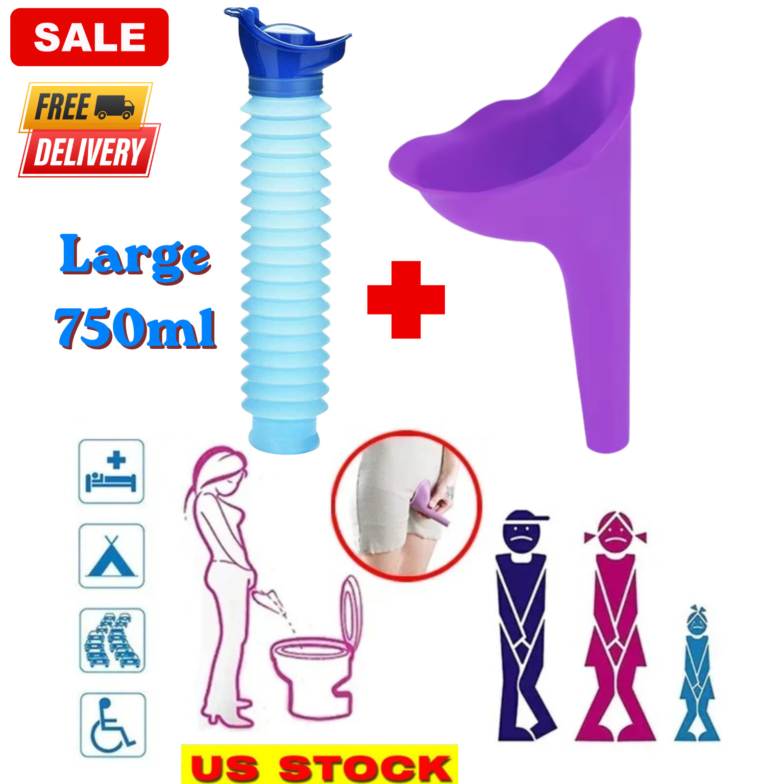 2 Pcs Portable Urinal Male Female Emergency Travel Camping Toilet Pee Bottle Kit